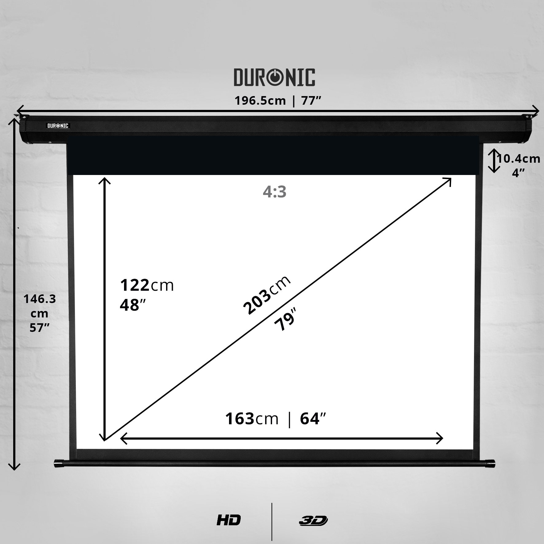 Duronic EPS80 /43 80-calowy elektryczny ekran projekcyjny 4:3-163 x 122 cm - montaż na ścianie lub suficie - 4K Full HD 1080 3D Gain 1.0 - Idealny do kina domowego/prezentacji/szkół /