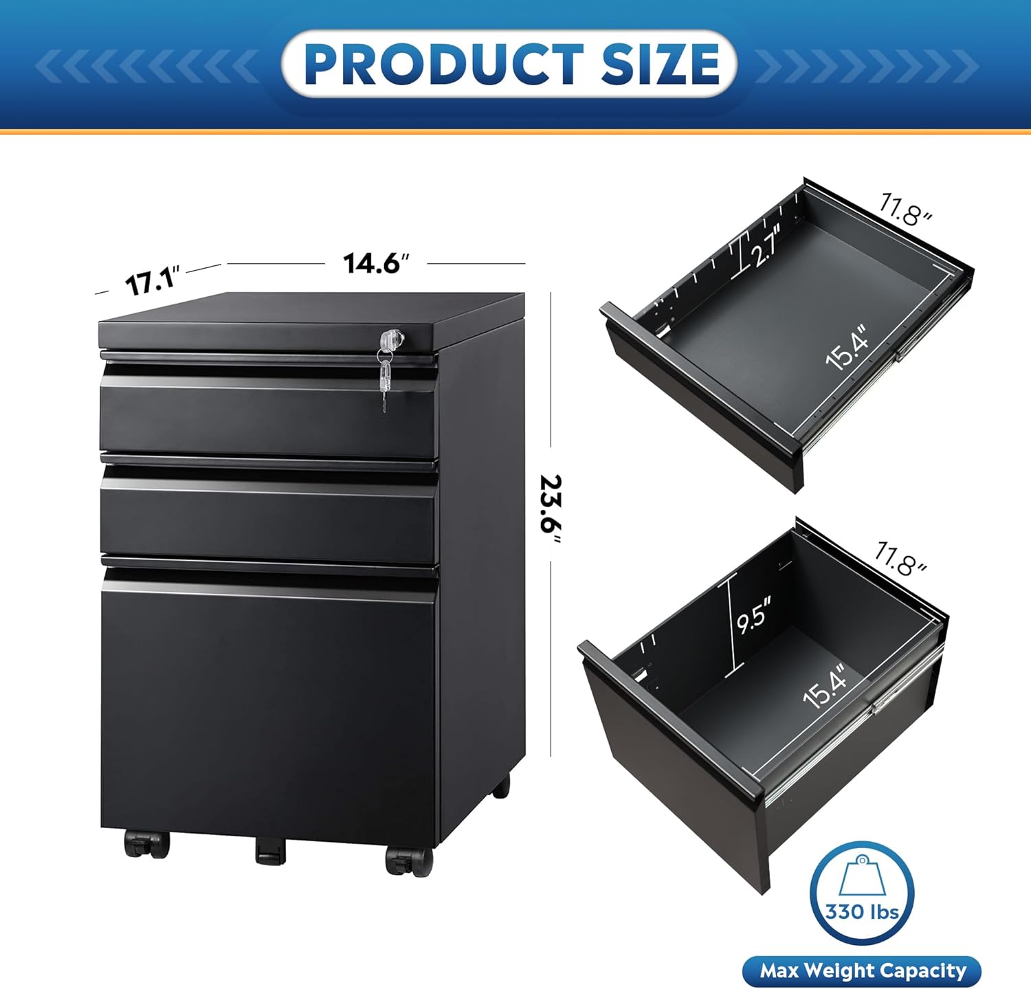 DEVAISE 3 Drawer Mobile File Cabinet with Lock, Under Desk Metal Filing Cabinet for Home Office/Legal/Letter/A4 File, Fully Assembled Except Wheels, Black