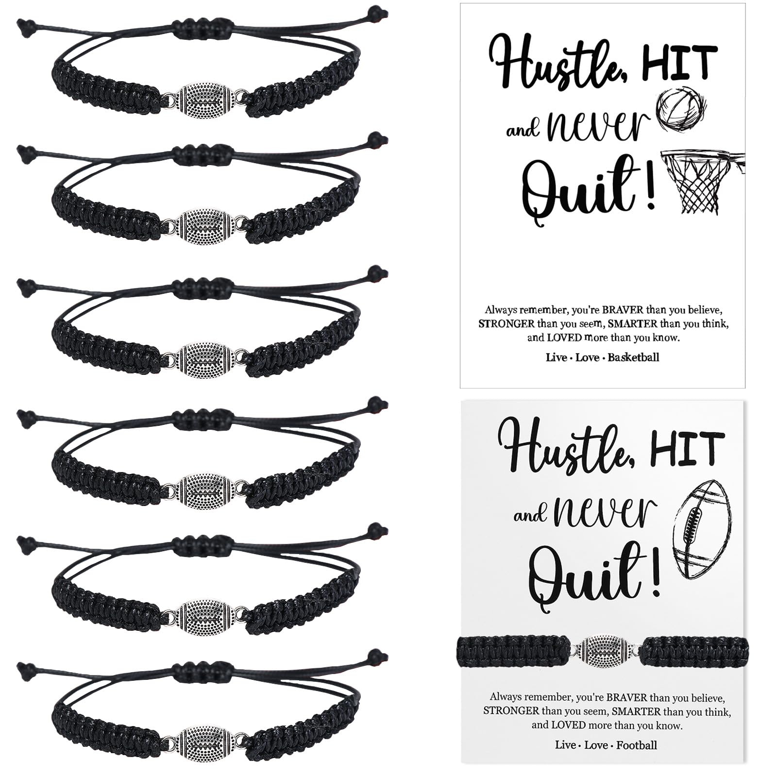 AIOMOB 12 Sets Sports Bracelets Gifts Adjustable Woven Bracelets with Inspirational Cards Volleyball Basketball Football Soccer Tennis Softball Gift
