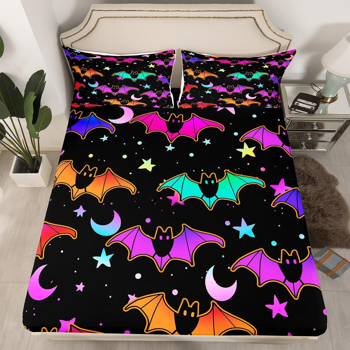 Erosebridal Purple Happy Halloween Fitted Sheet Full,Bat Bed Sheets for Halloween Decor,Cartoon Bats Bed Set,Halloween Bedding Set with 2 Pillowcases Deep Pockets,no Top Sheet
