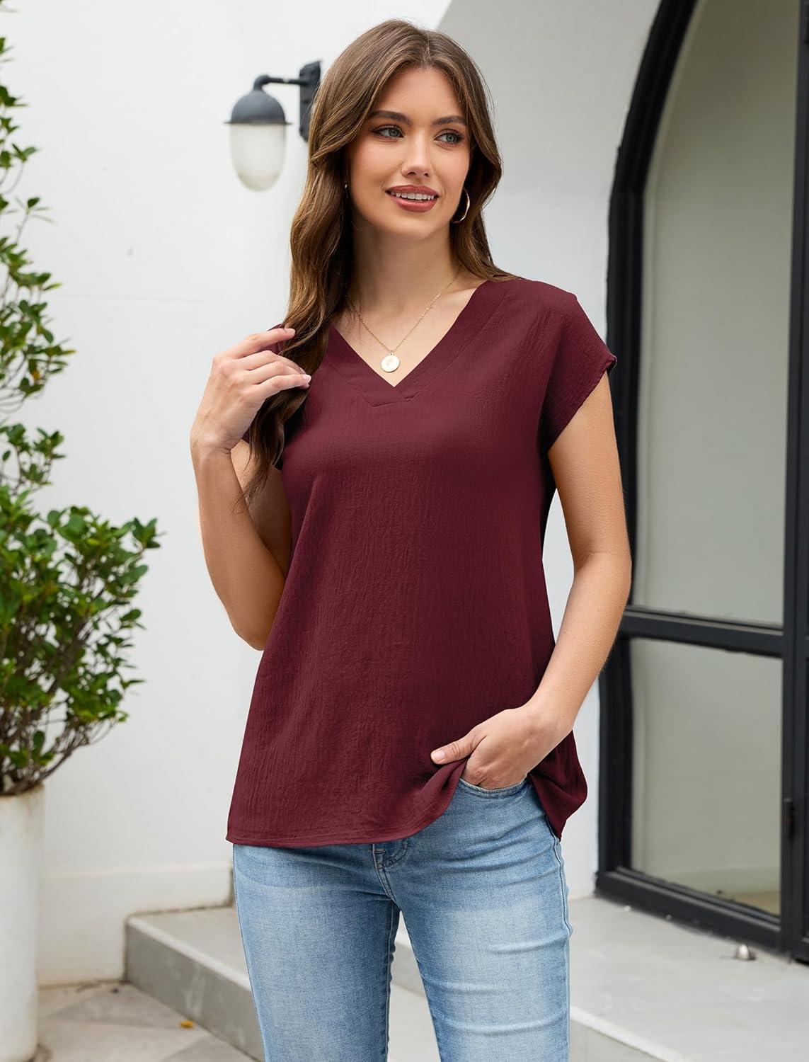 Women V Neck Tops Cap Sleeve Textured Chiffon Blouses Summer Business Work Shirts - Image 3