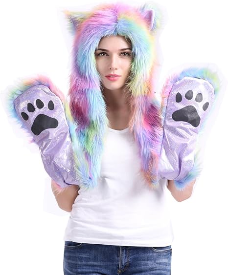 Animal Furry Hoddie Hat Faux Fur 