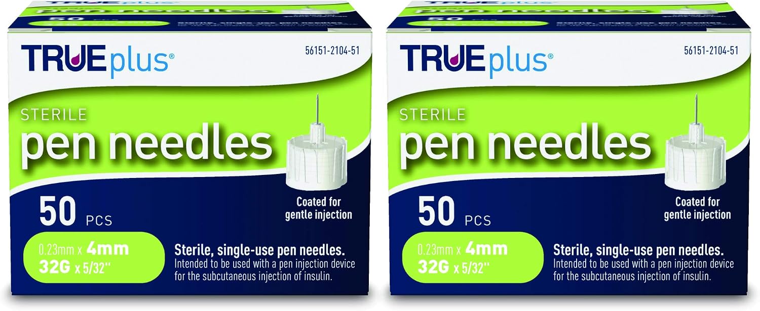 TRUEplus Pen Needles 32g 4mm (5/32 inch) - 2 x 50ct Boxes (100 Pen Needles)