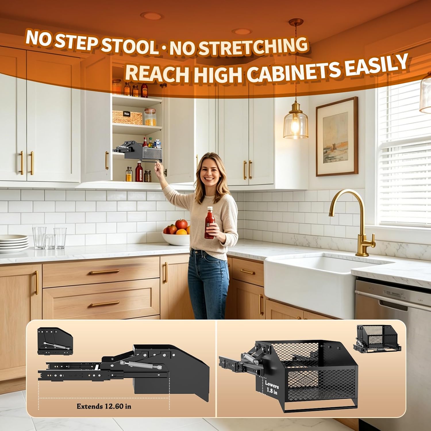 HOUSE AGAIN Pull-Down Cabinet Organizer for High/Deep Cabinets, Drop Down Spice Rack, 12.6" Out & 1.8" Down, Dual Install (Screw/3M Tape), Fits Frameless, for Spices, Snacks and Small Bottles (Black)