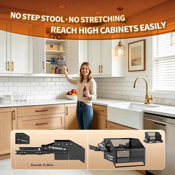 HOUSE AGAIN Pull-Down Cabinet Organizer for High/Deep Cabinets, Drop Down Spice Rack, 12.6 Out & 1.8 Down, 1 Tier, Dual Install, Fits Frameless, for Spices, Snacks and Small Bottles