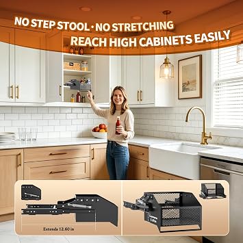 HOUSE AGAIN Pull-Down Cabinet Organizer for High/Deep Cabinets, Drop Down Spice Rack, 12.6 Out & 1.8 Down, 1 Tier, Dual Install, Fits Frameless, for Spices, Snacks and Small Bottles