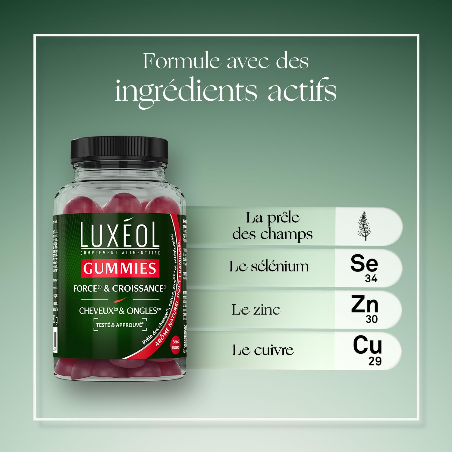 LUXÉOL - Gummies Force & Croissance - Cheveux(2) & Ongles(3) | Complément Alimentaire - Croissance(1) - Arôme Naturel Goût Framboise - Sans Sucres - Fabriqué en France - Environ 60 gummies