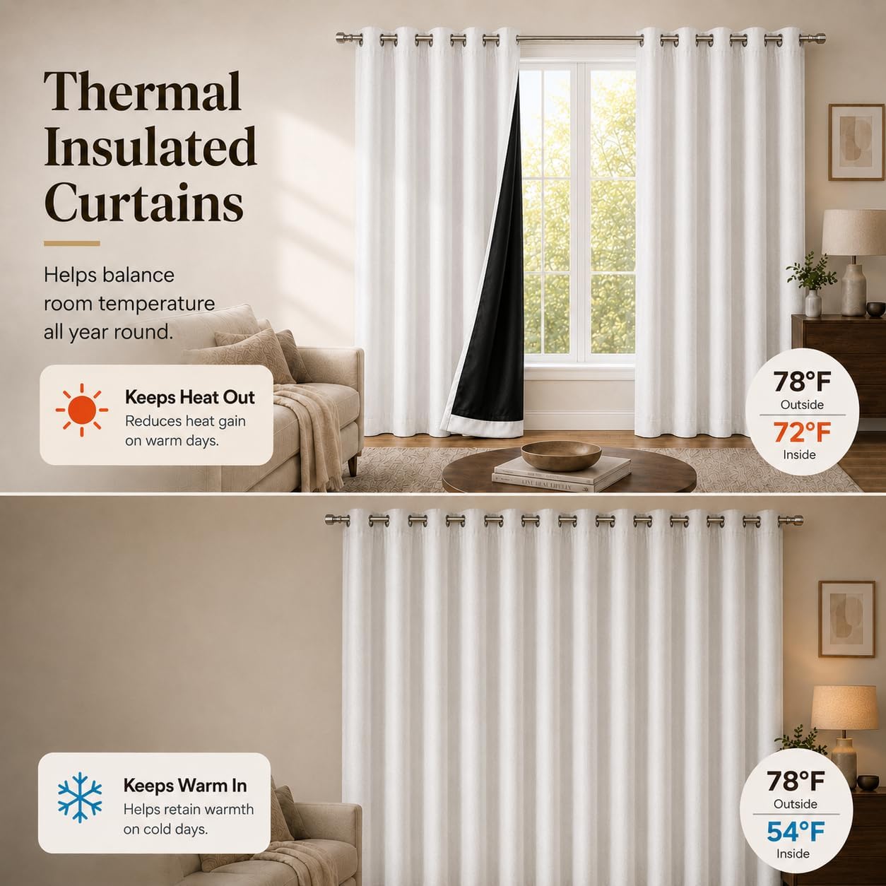 Blackout Curtains for Bedroom and Living Room, Bedroom Decor, Black Liner for 100% Blackout, Thermal Insulated, Built with Stainless Steel Grommet, Easy Installation, White, 52x63 image 3