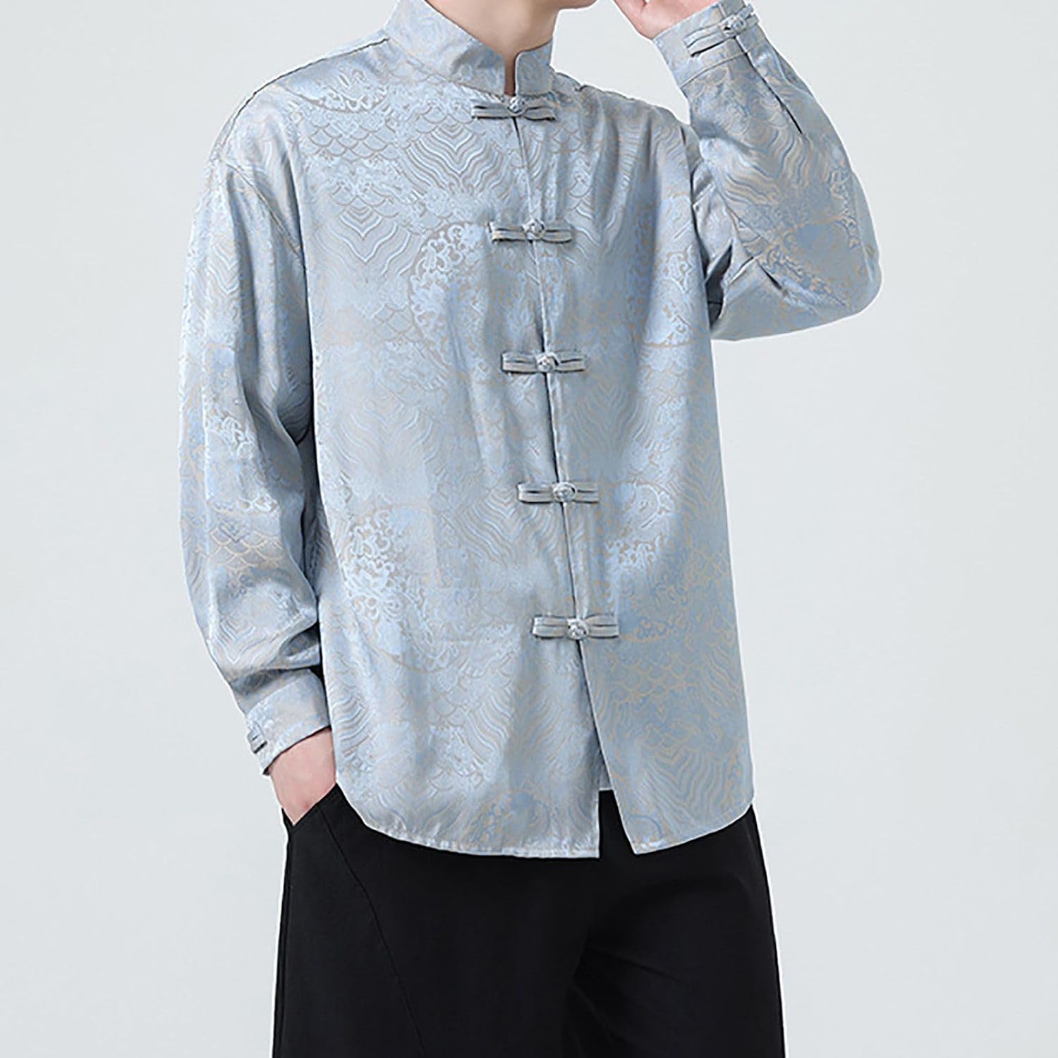 Autumn Tang Suit,Chinese Style Chinese Style Long Sleeve Pattern Men'S Retro Top Shirt Buttoned For Men(Light Blue,Yellow)