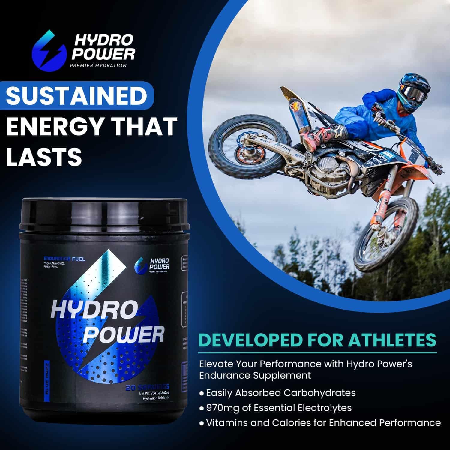Hydro Power Endurance Fuel Blue Razz and Shaker Bundle 20 Servings, Hydration Drink Mix with Electrolytes and Calories, Non-GMO, Gluten Free, Vegan Friendly