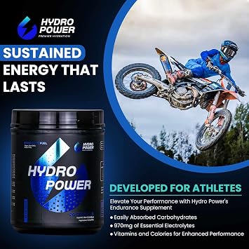 Hydro Power Endurance Fuel - Carb & Electrolyte Drink Mix for Motocross & Cycling, 40g Fast Carbs + Electrolytes, Vegan, Non-GMO, Gluten Free, Blue Razz + 20oz Shaker Bottle, 20 Servings