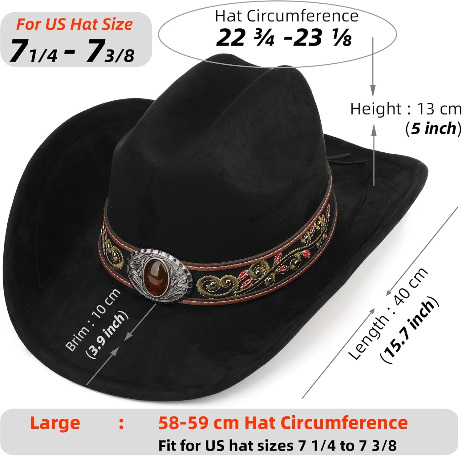 Western Cowboy Hat for Men and Women, Shapeable Big Wide Brim Cowgirl Hat with Embroidery - Image 4