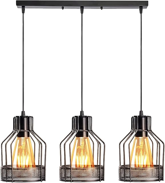 Industrial 3 Lights Ceiling Lamp Adjustable Hanging Pendant Lights Flush Mount Ceiling Lighting Fixture E27 Base Black Bird Cage Pendant Lamp for Hallway Kitchen Dining Room Living Room