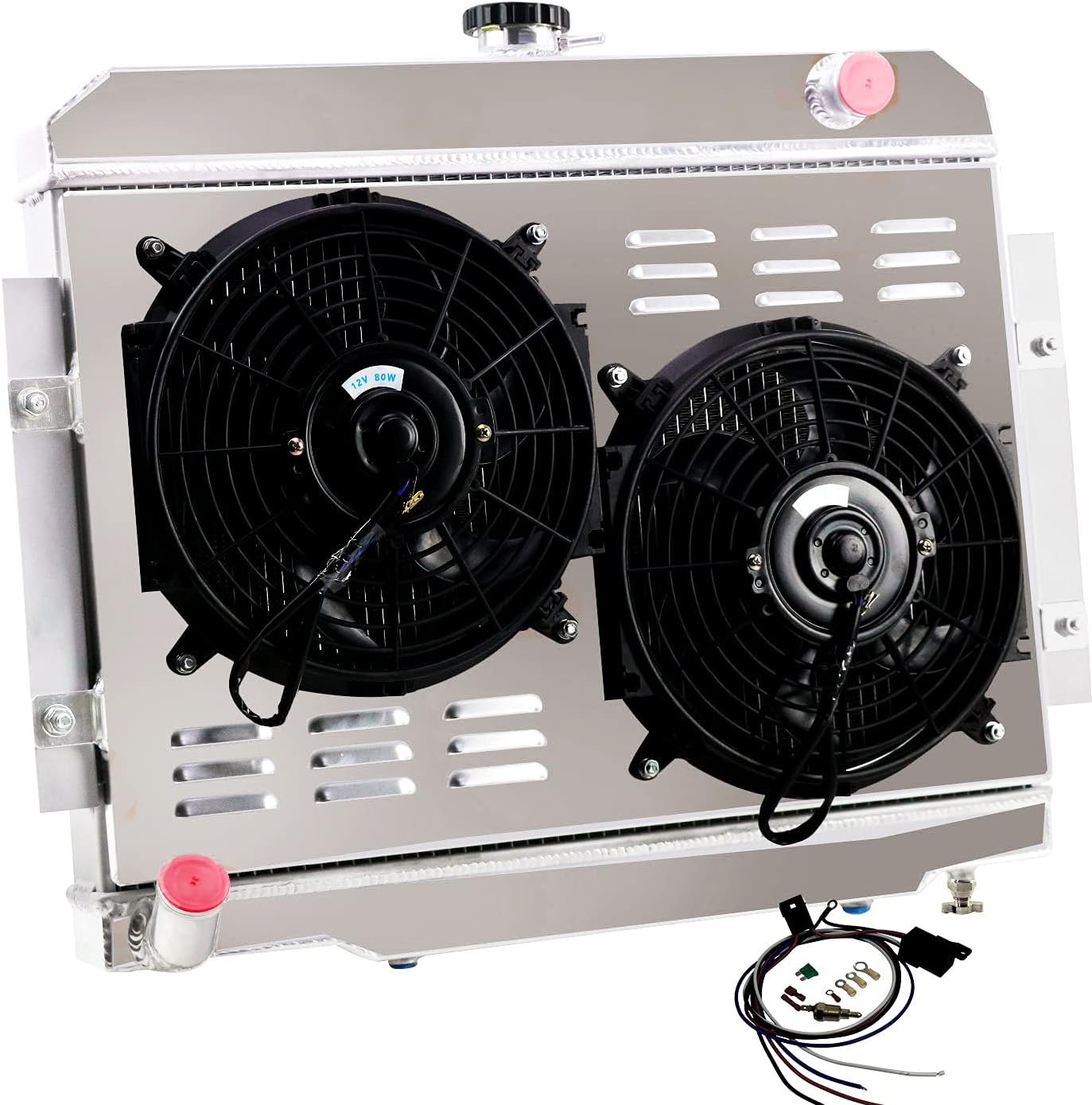 ECMRAD 3 Row Radiator&Shroud&2x12''Fans Compatible for 1972-1986 Jeep CJ5 CJ6 CJ7 Scrambler 3.8 4.2 5.0L 1982 1985+Relay combo