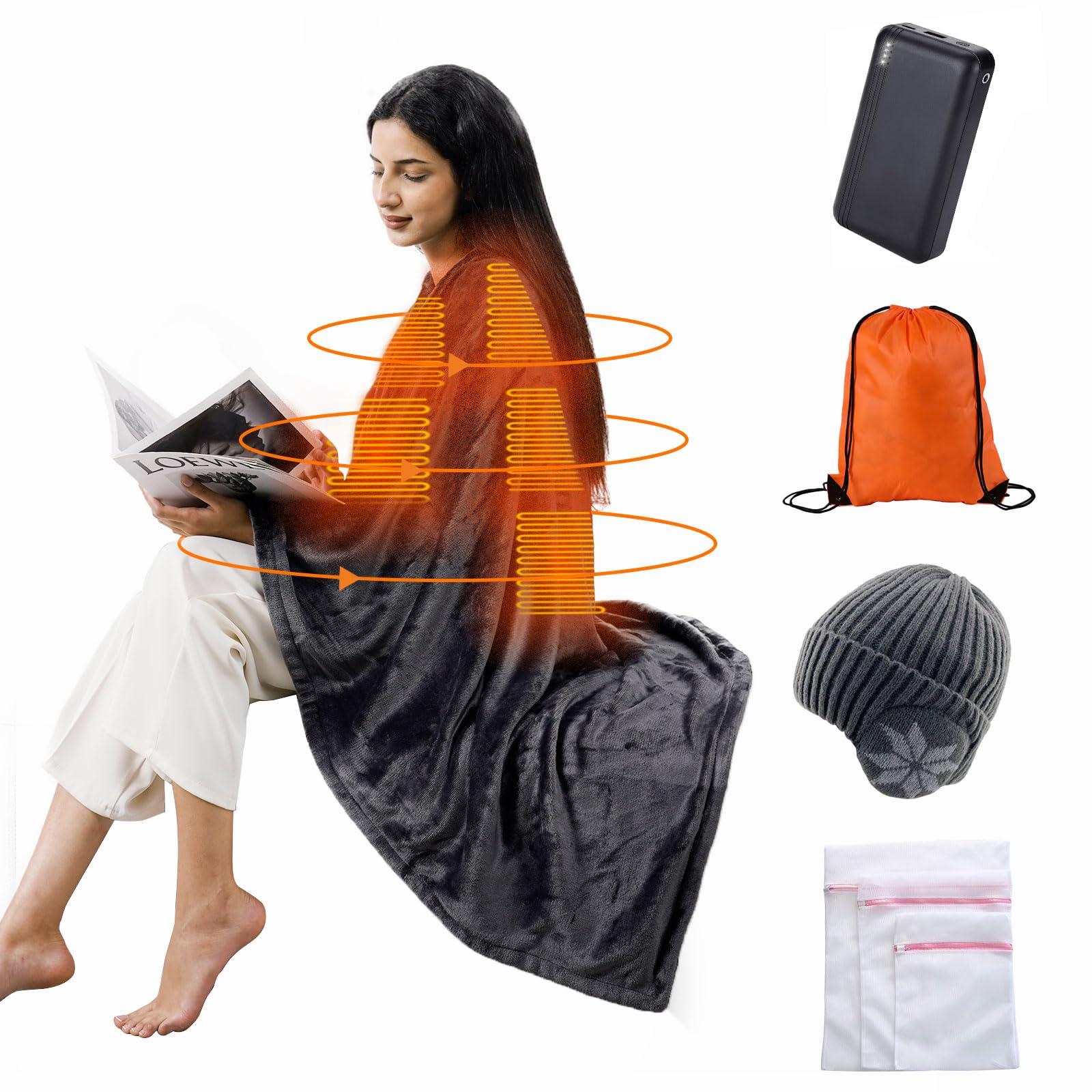 Photo 1 of **MISSING BATTERY PACK**Heated Blanket with 20000mAh 22.2W Power Bank, Large 70'' x 42'', 3 Heat Levels, 11 Heating Zones, 1-6 Hour Timer, Includes Winter Hat, Storage Bag, and Laundry Bag, Portable Battery-Powered Shawl