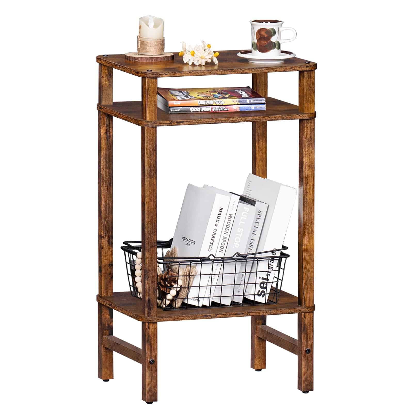 YUFAM Industrial End Tables for Living Room, Brown Tall Side Table with 3-Tier Open Shelves & Rounded-Edge Tabletop & Non-Slip Feet