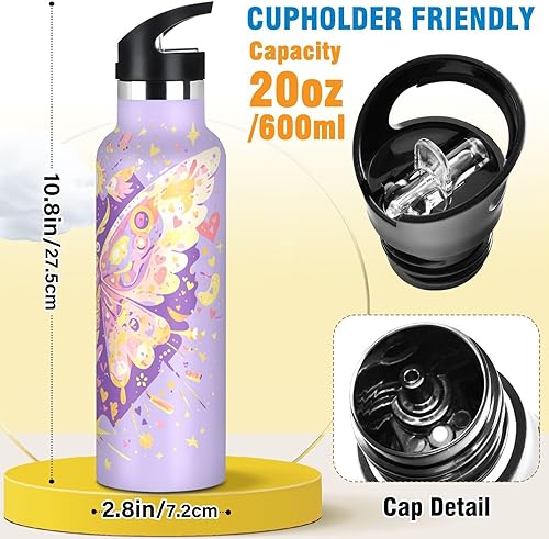 Miniatura 2 de Butterfly Purple Golden Leakproof and BPA Free Kids' Metal Water Bottle with Straw Double-Wall Vacuum Insulation for School Boys Girls