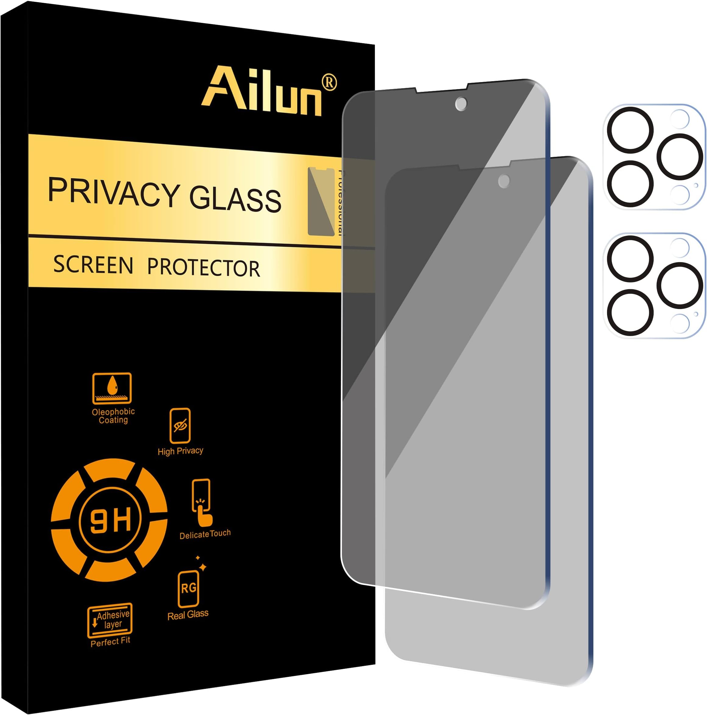 Ailun 2Pack Privacy Screen Protector for iPhone 14 Pro Max[6.7 inch] + 2 Pack Camera Lens Protector, Sensor Protection, Dynamic Island Compatible, Anti Spy Private Tempered Glass Film, Case Friendly, [9H Hardness] - HD [Black]