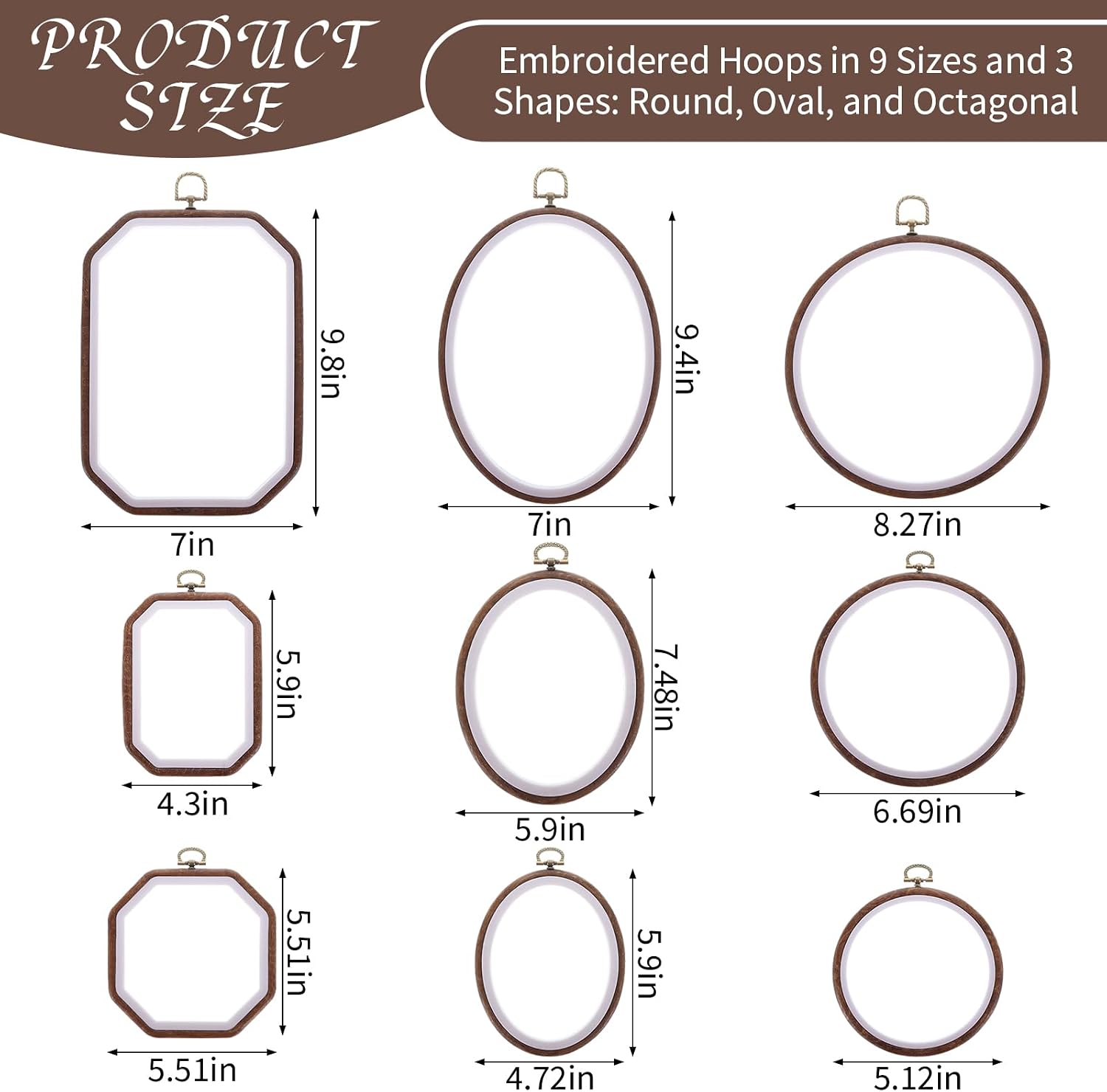 9 Pcs Imitated Wood Multiple Shapes Embroidery Hoop Set Decorative Imitation Wood Frames Circle Oval Octagonal Cross Stitch Hoops for Hand Embroidery and Home Décor