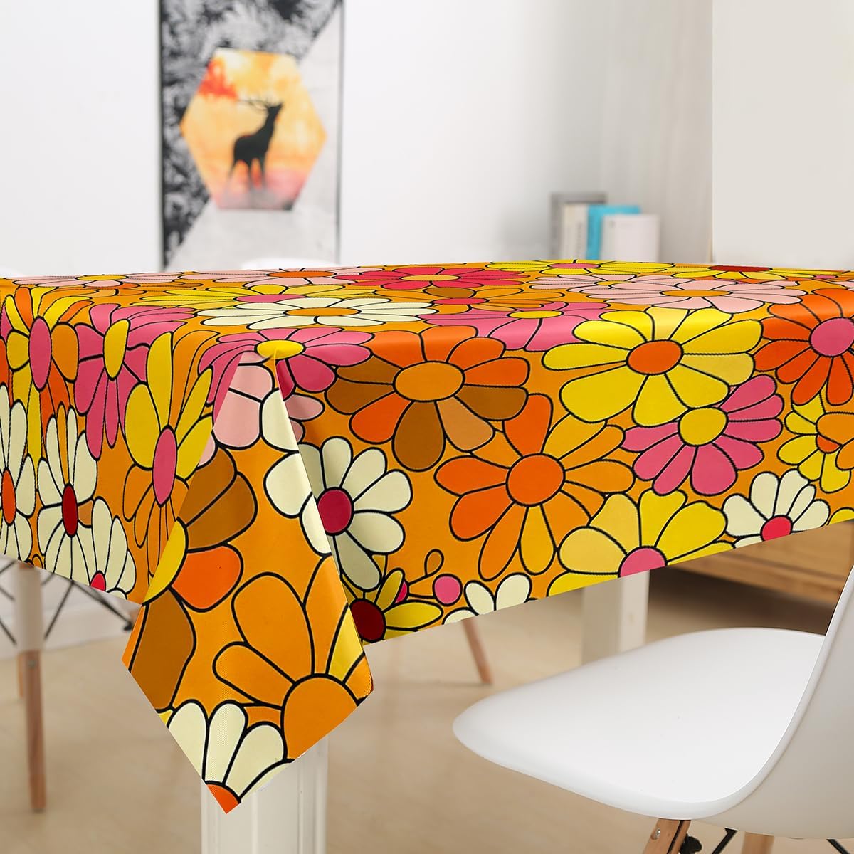 Castle Fairy Bohemian Flowers Table Cloths,70s Floral Table Cover,Hippie Retro Groovy Botanical Microfiber for Dining Kitchen Decorative,Tabletop Decoration 55" Round