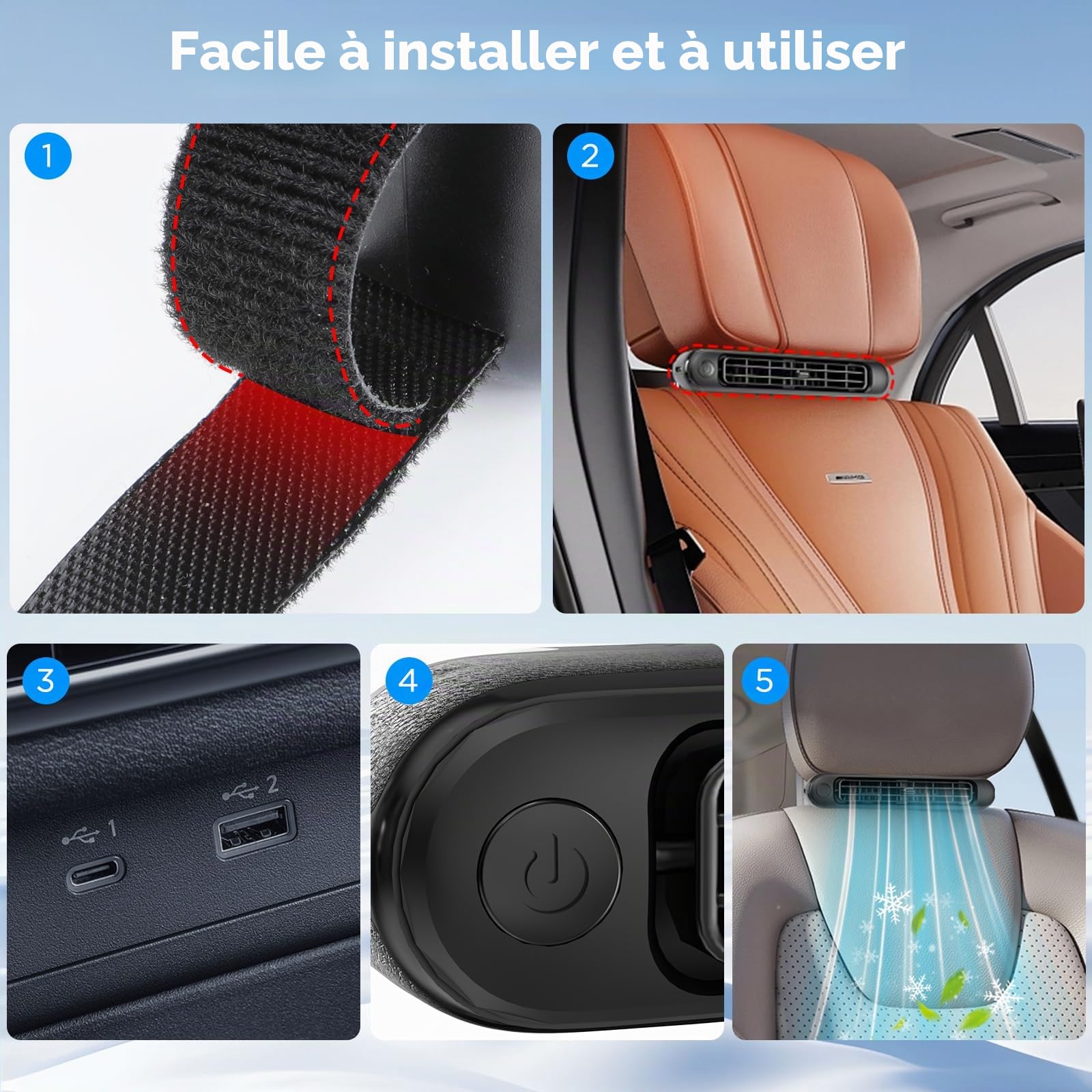 Ventilateur de Refroidissement de Voiture ventilateur USB Voiture Ventilateur Voiture électrique avec 3 Vitesses, Ventilateur d'air de refroidissement de voiture portable pour camion van SUV
