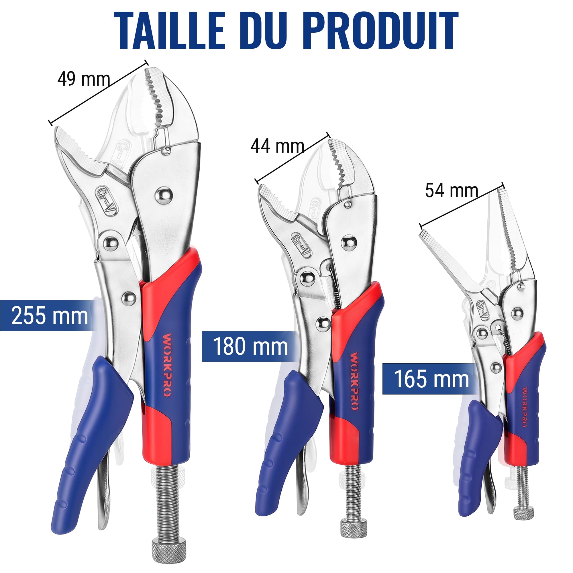 WORKPRO Jeu de 3 Pinces-Étaux Autobloquantes, Pince-Étau à Bec Long 165 mm et Pinces-Étaux à Mâchoires Courbes 180 mm et 255 mm, Cr-V, Déverrouillage Rapide, Poignées Bi-matière Antidérapantes