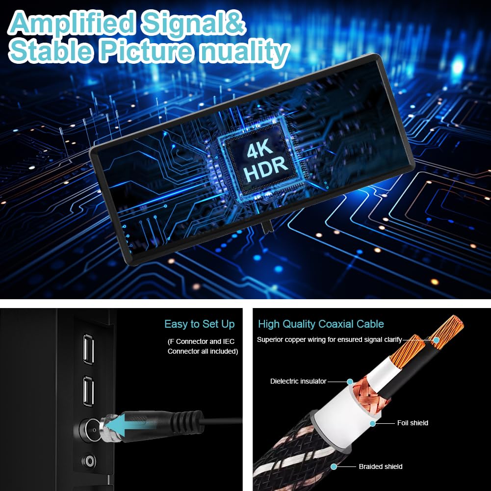Antenne TV Intérieur TNT HD 420 Km - Amplificateur Signal, Câble Coaxial 3.7 M - Pour Smart TV, 4K, 1080p