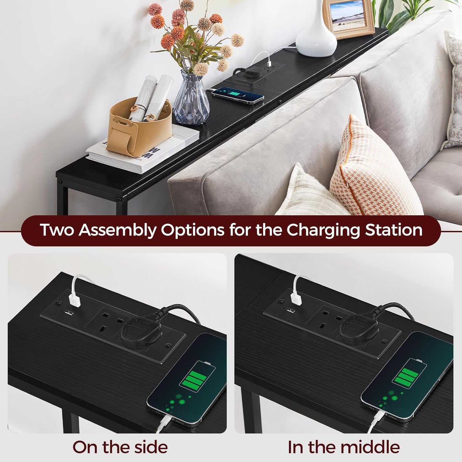 MAHANCRIS Console Table with Power Outlet, 180 CM Narrow Sofa Table, Industrial Entryway Table with USB Ports, Behind Couch Table for Entryway, Hallway, Living Room, Bedroom, Black ACTHB18KE01N1