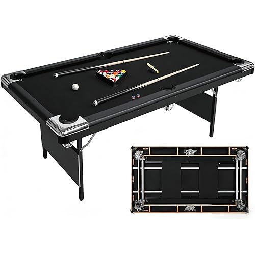6/7 Foot Foldable Pool Table, Portable Billiard Table with Full Set Billiard Balls, 2 Cue Sticks, Chalk & Felt Brush, Foldable Snooker Pool Table for Family Game Room