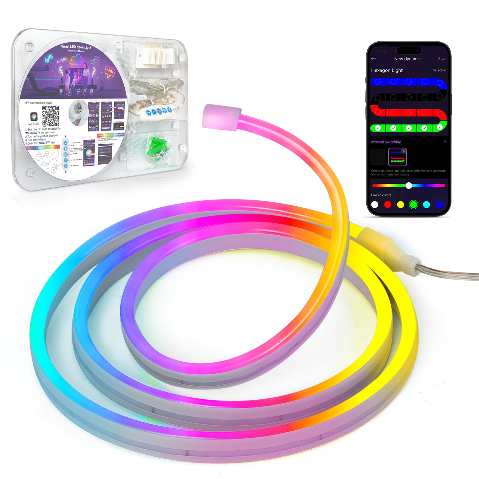 Kangtaixin Neon LED Strip 1m, Flexible Neon LED Streifen mit App-Steuerung, 5V RGB LED Band Neon Seil Lampe, DIY-Formen, Musik Sync, LED Lichtband für Wohnzimmer, Schlafzimmer, Wand, Gaming Deko