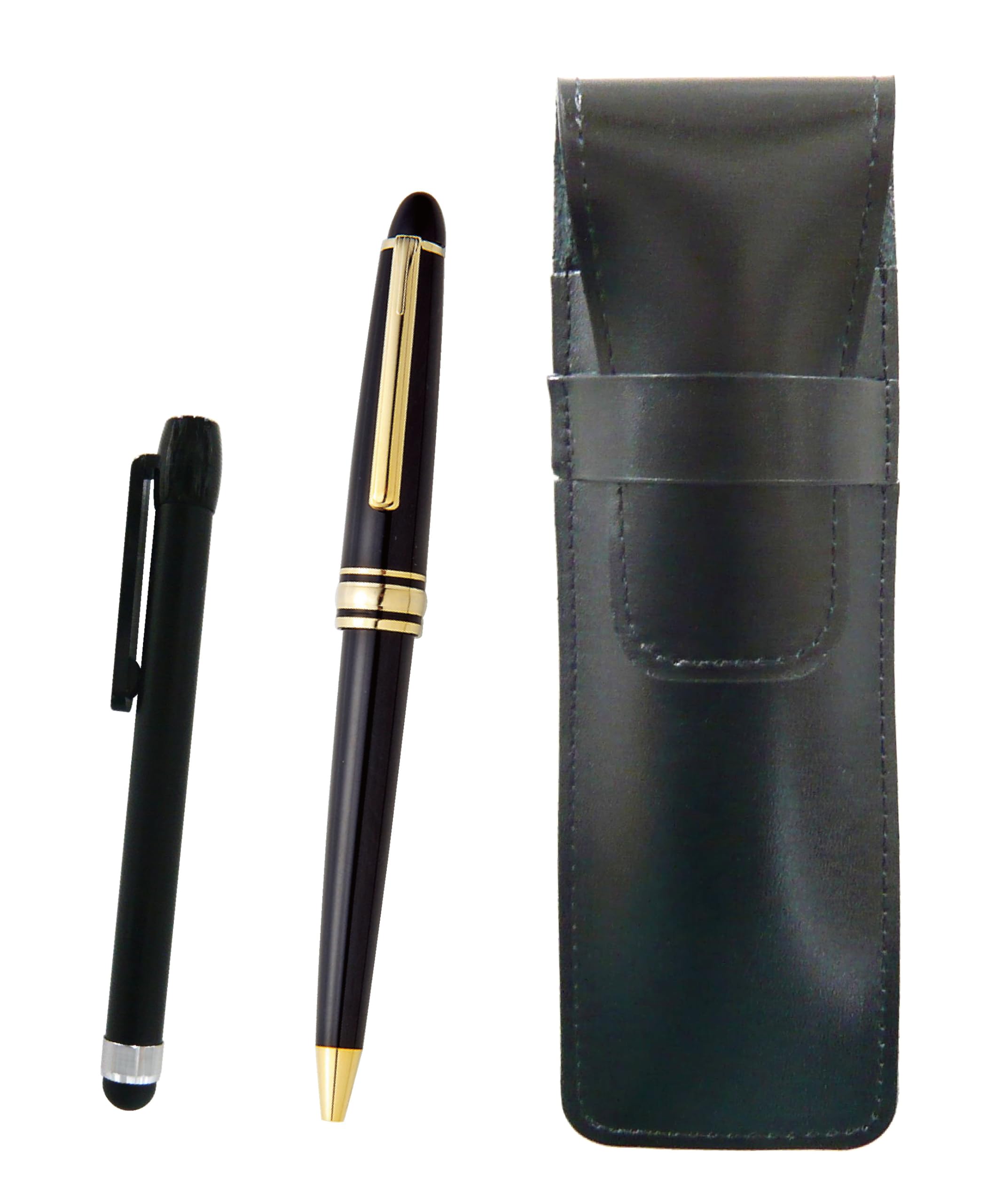 タキザワ Slim Cowhide Leather Pencil Case Black Metal Touch Stick Black Metal Ring Cap Sliding Retro Pen Set ASB-ALB-8838B