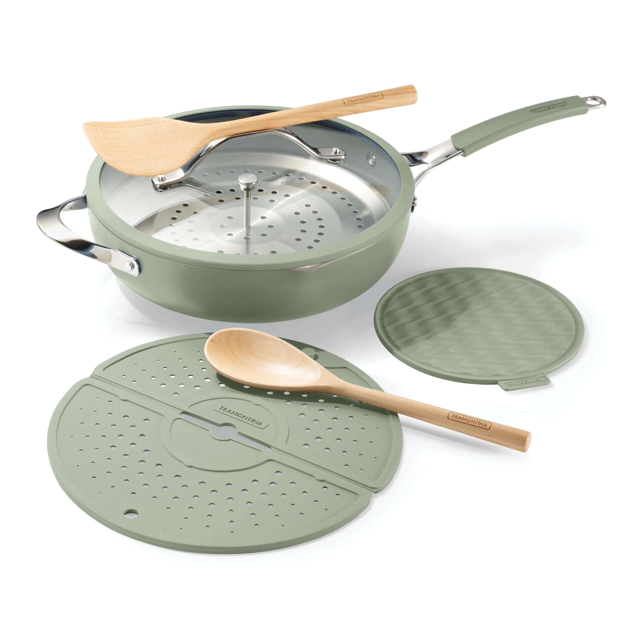 Tramontina Vue All-in-One Plus Pfannenset, 5 Quart Keramik Antihaft-Kochpfanne mit Glasdeckel, Dampfgareinsatz, Buchenholz-Utensilien, Spritzschutz, Topflappen, Grün