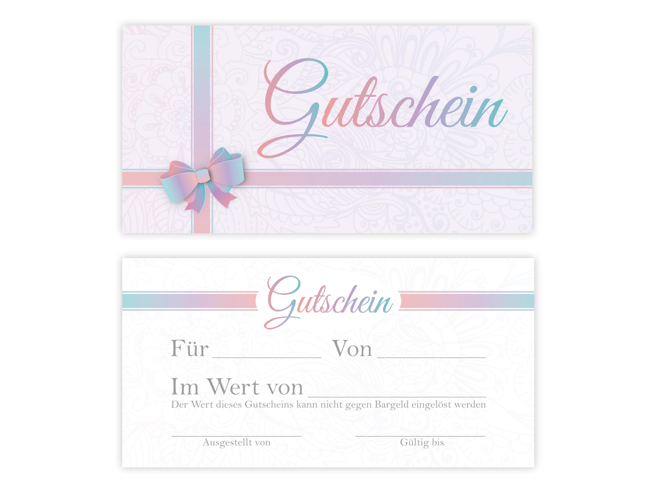 100 Gutscheine DIN lang (21x10,5 cm) mit 100 Kuverts DIN lang (22x11 cm) Ornament Schleife Gutscheine zum Ausfüllen Gutschein Geschenk Karte für Massage Wellness Kosmetik Nagelstudio Spa Beauty