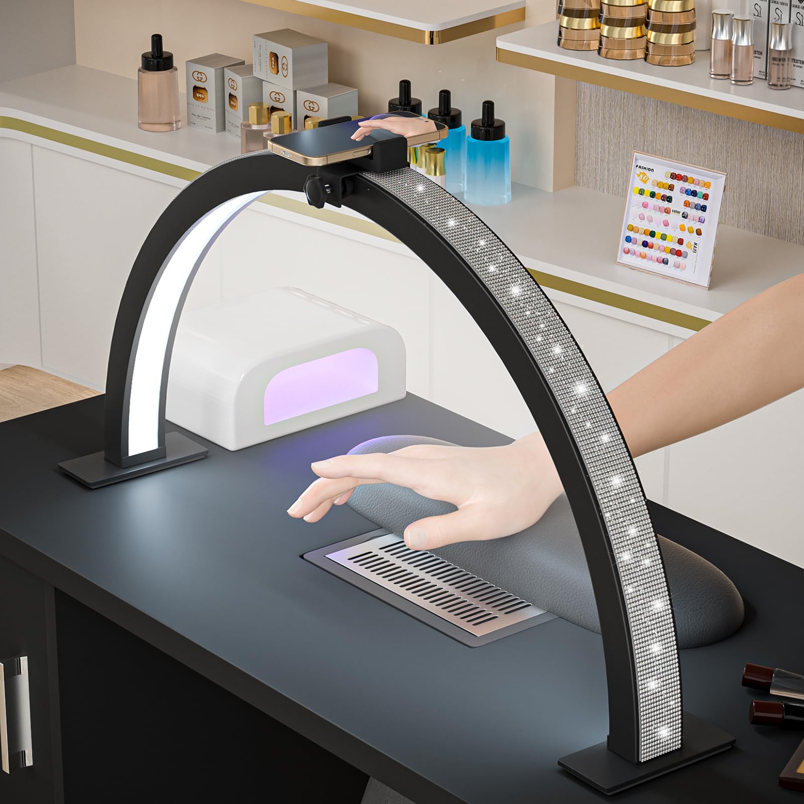 Eyelash LED Floor Light, Half Moon Lamp For Lash Extension Lighting For Beauty, Skincare, Eyebrows, Filming Content Creation With Phone Holder ( Black) - Foldable Half Moon Light, Lash Light For Eyelash Tech - View #7