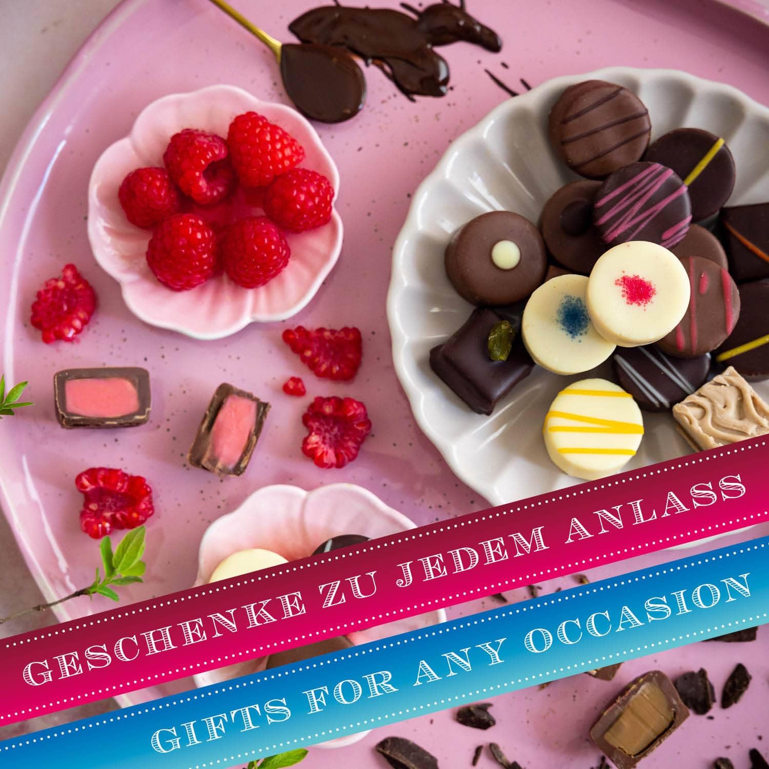 Hallingers Genuss Manufaktur Pralinen Valentinstagsgeschenk - ohne Alkohol, handmade aus Edelkakao Doppelpack in wertiger Geschenkbox "Pink&Blue Heart...", Valentintstag für Frauen Männer