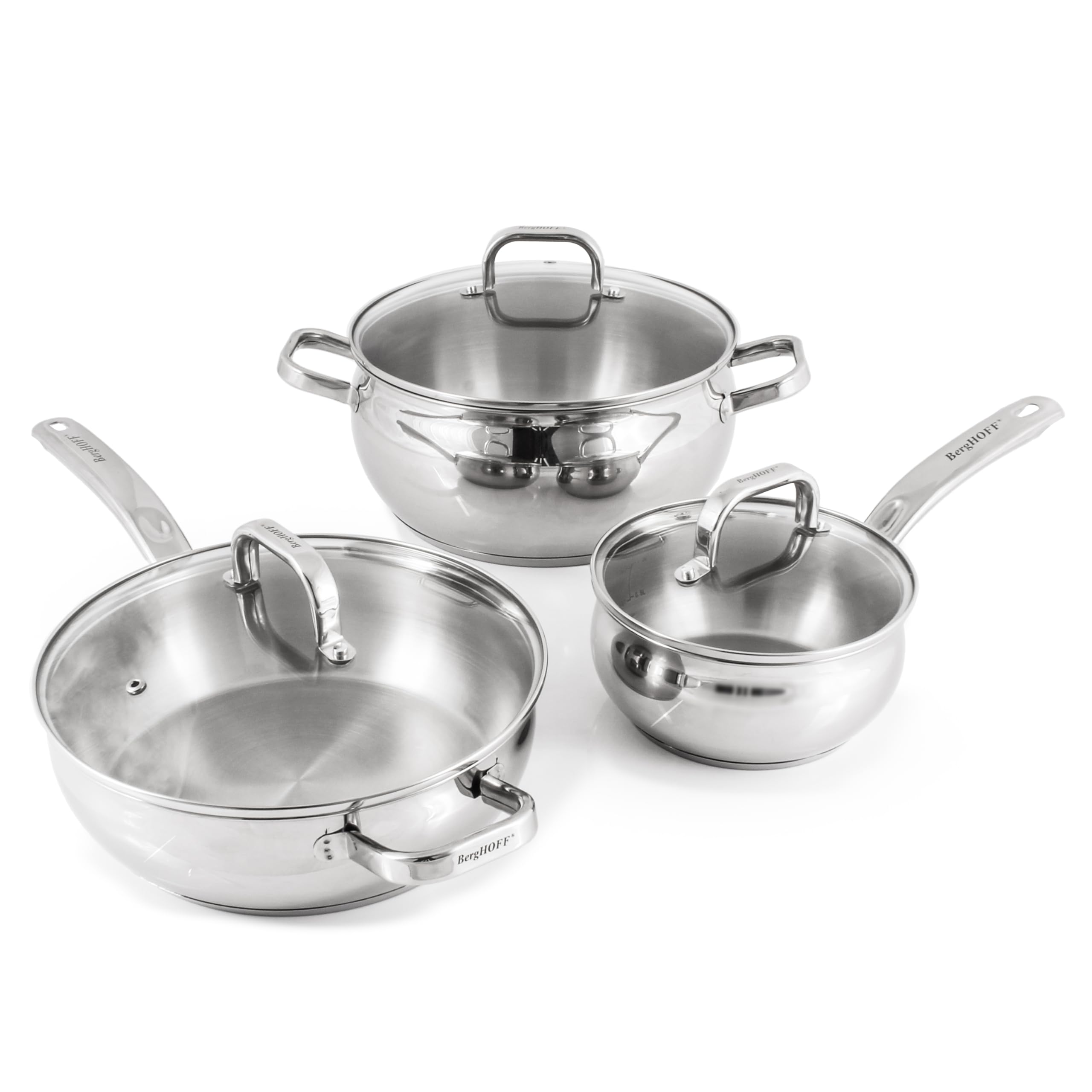 BergHOFF Batterie de cuisine 12 pièces en acier inoxydable 18/10 avec couvercles en verre, chaleur rapide, uniforme et prête pour plaque à induction