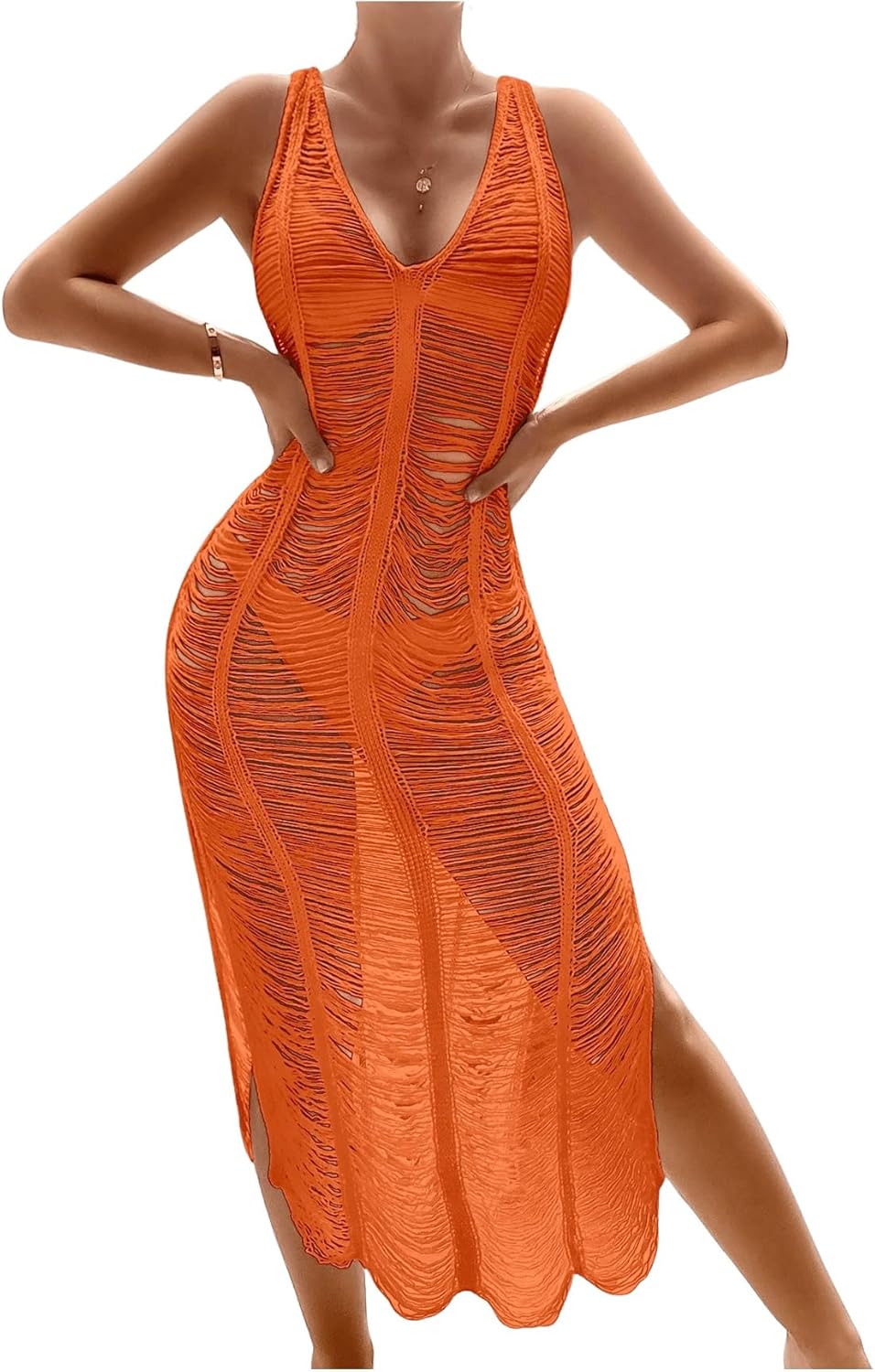 OYOANGLE Women's Crochet Hollow Out Swimsuit Cover Up Deep V Neck Sleeveless Beach Midi Dress Swimwear