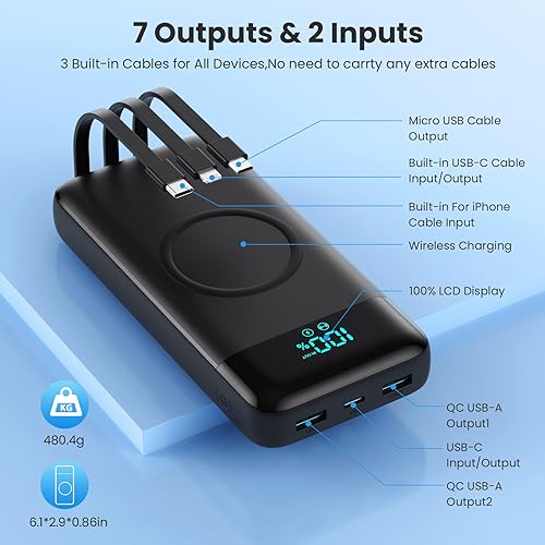 Miniatura 4 de Cargador portátil inalámbrico de 40800 mAh para iPhone con 3 cables integrados, 7 en 1 de 15 W, cargador de batería USB C, pantalla LCD de 25 W, PD