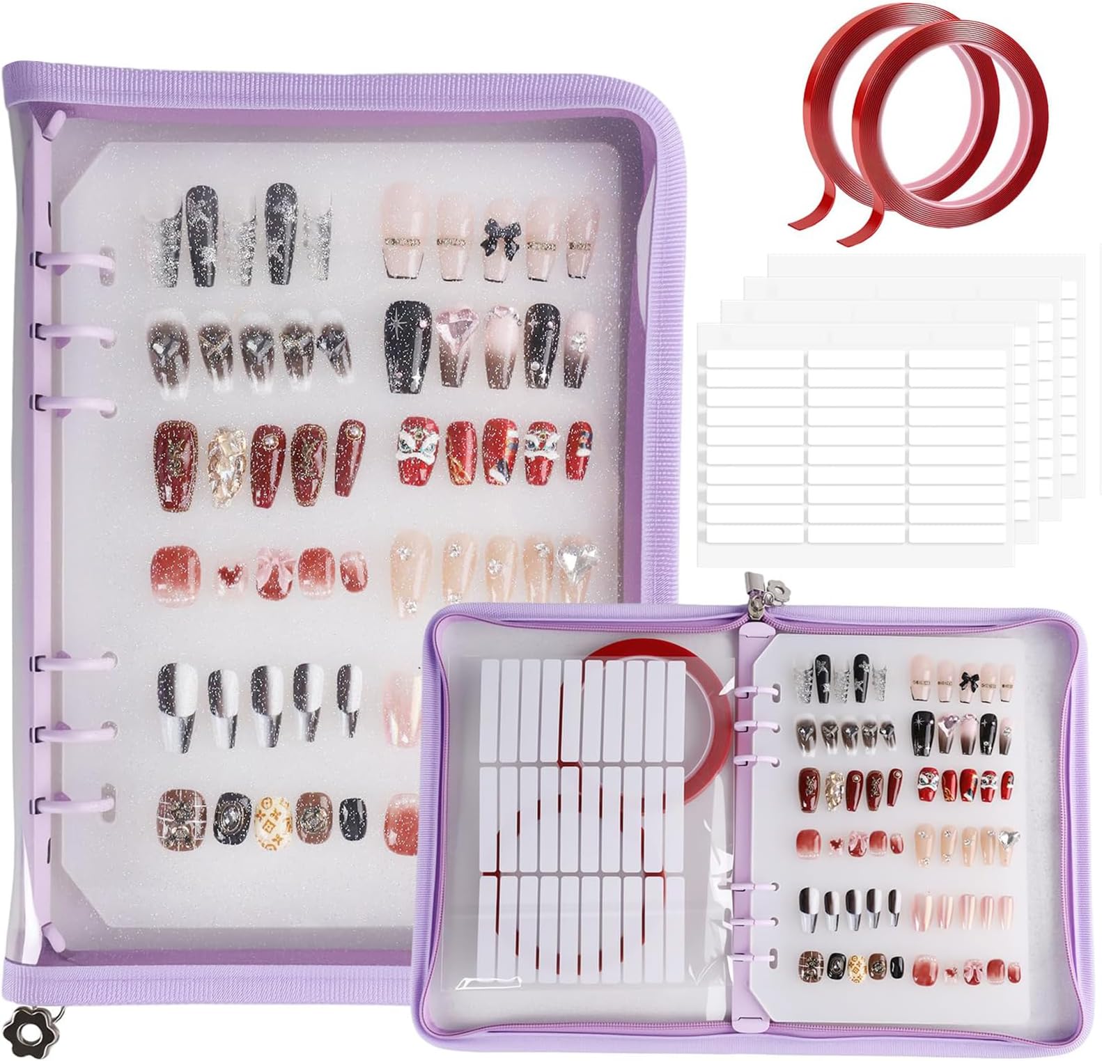 Press on Nail Organizer Binder Book, 8 A5-Sized Insert Pages & Double Sized Tape, Press on Nails Display Storage Book, Reusable Fake Nail Swatch Collecting Book (Purple)