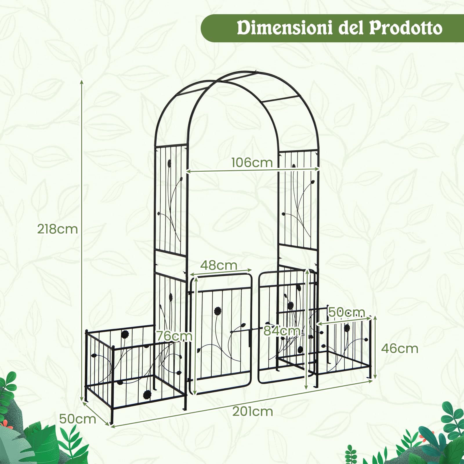 COSTWAY Arco da Giardino, Pergolato in Metallo con Cancello Bloccabile e Fioriere Laterali, Arco per Piante Rampicanti e Viti da Uva, Decorazione per Cerimonia Matrimoniali