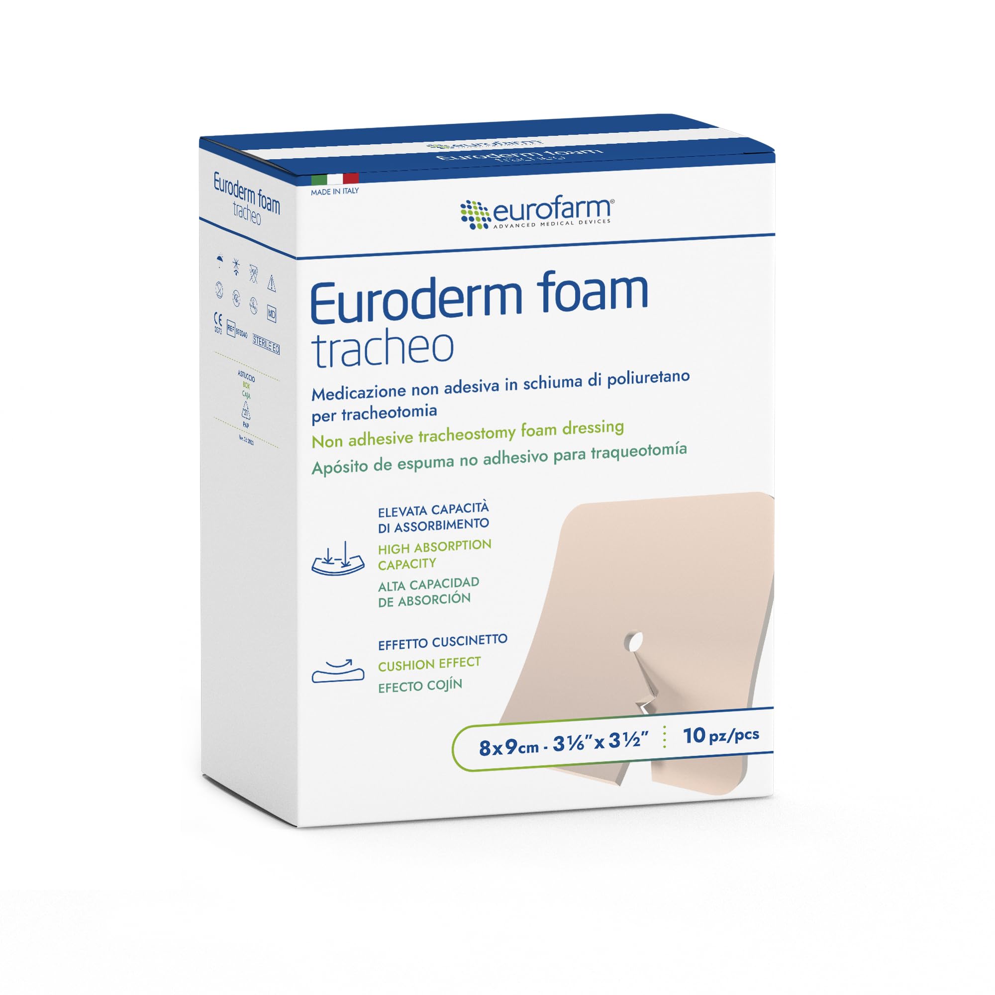 Euroderm Foam Tracheo (cm 8 x cm 9)- Medicazione in schiuma di poliuretano per tracheotomia, altamente assorbente, Confezione 10 pezzi