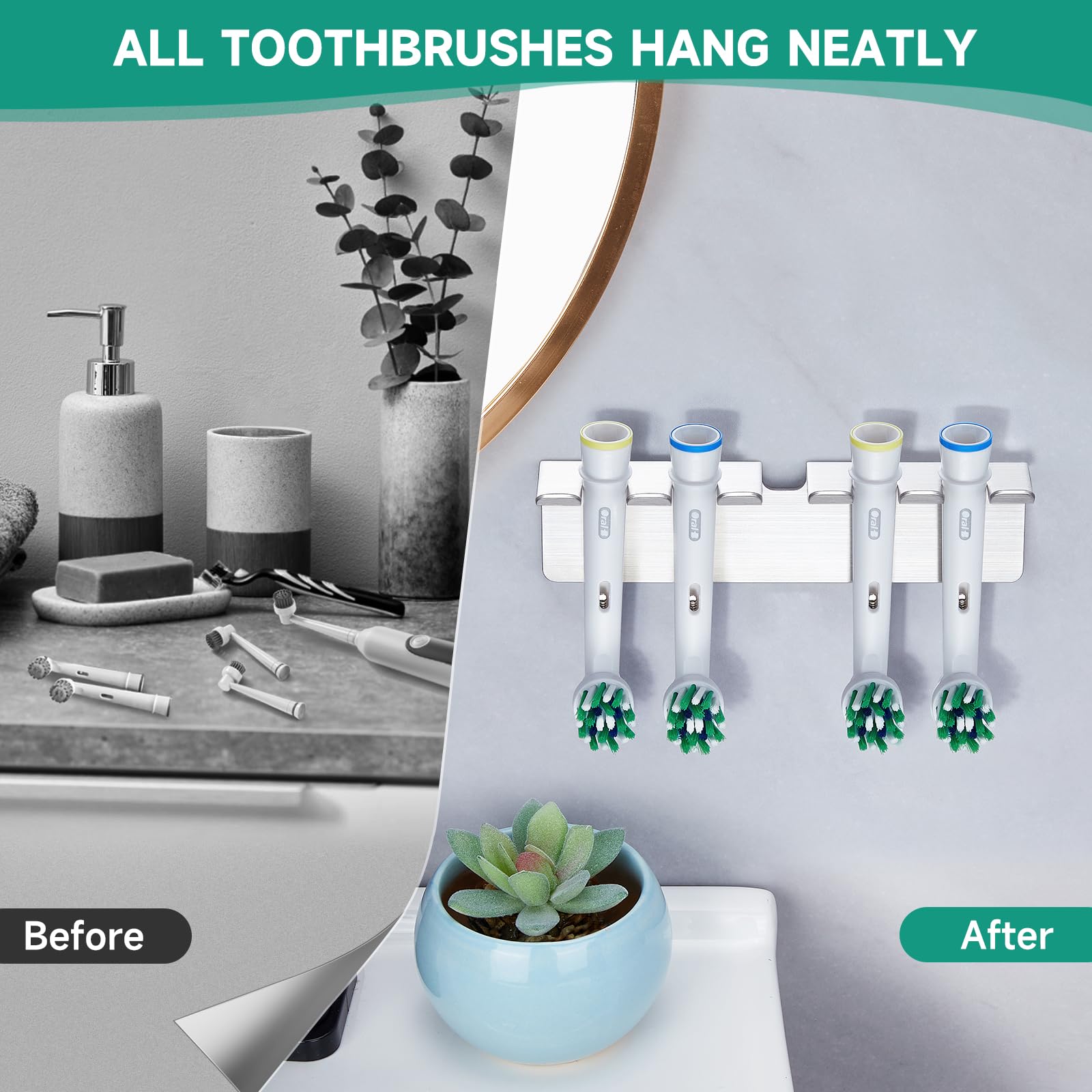 Support Brosse à Dents Mural Sans Perçage - Acier Inoxydable, Pour 2 Brosses Électriques - 12