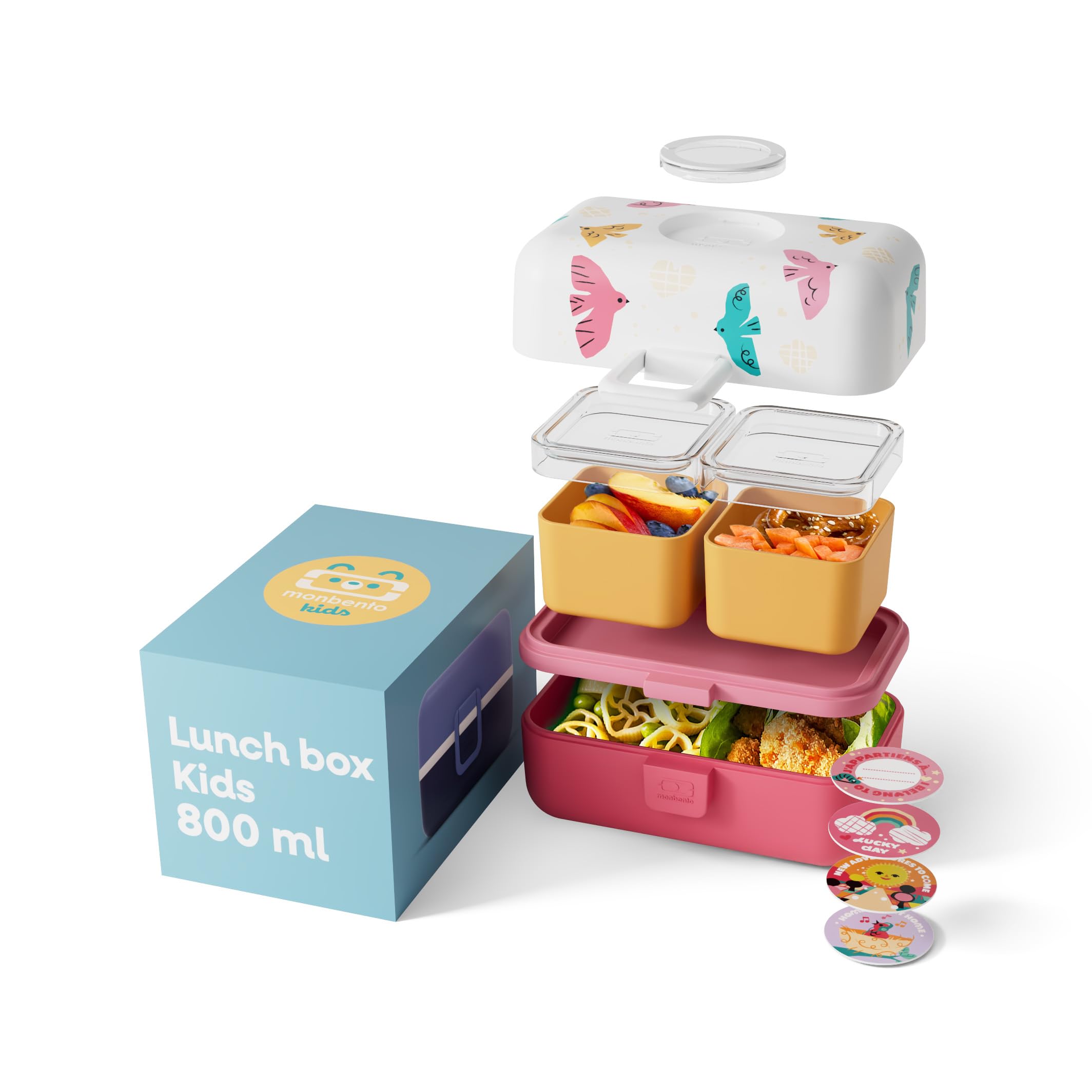 monbento - Fiambrera Infantil con Compartimentos MB Tresor rosa Birds - Lonchera para Niños Ideal para Escuela/Picnic - Sin BPA - Personalizada y Segura - Lunch Box Niños Rosa con Motivo Pájaros