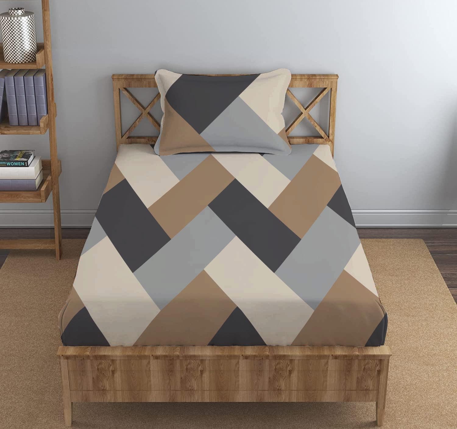 DECOMIZER Cotton Feel All Around 300 Tc Elastic Fitted Glace Printed Single Bed Bedsheet with 1 Large Pillow Cover Fits Upto Mattress of 6 Inches, Size - 42 x 75 x 8 Inches, Beige Cross Grey, queen