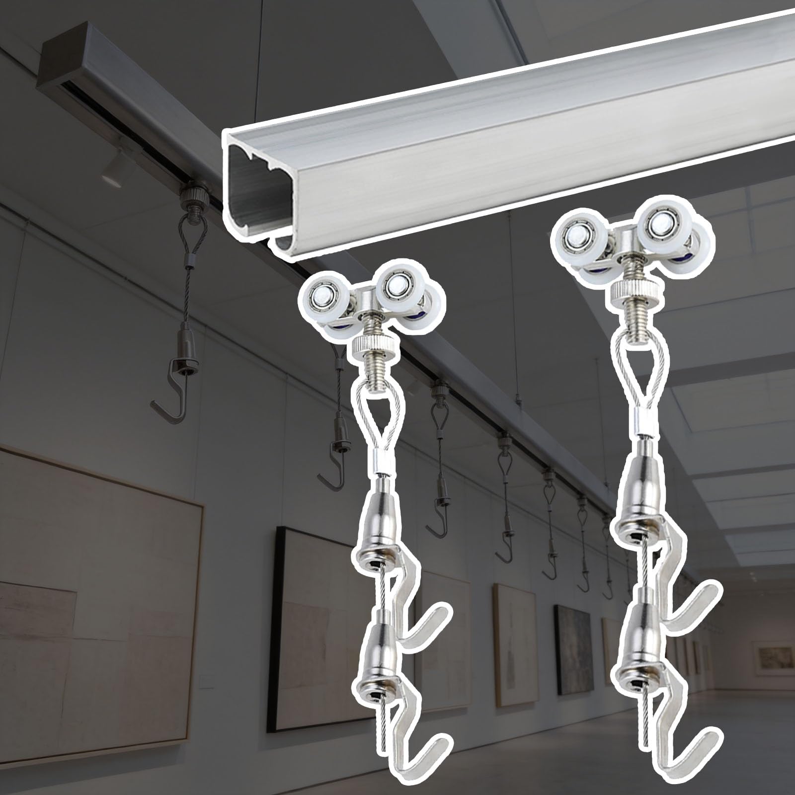 Rail pour accrocher des tableaux de 60 cm avec câble métallique pour plafond