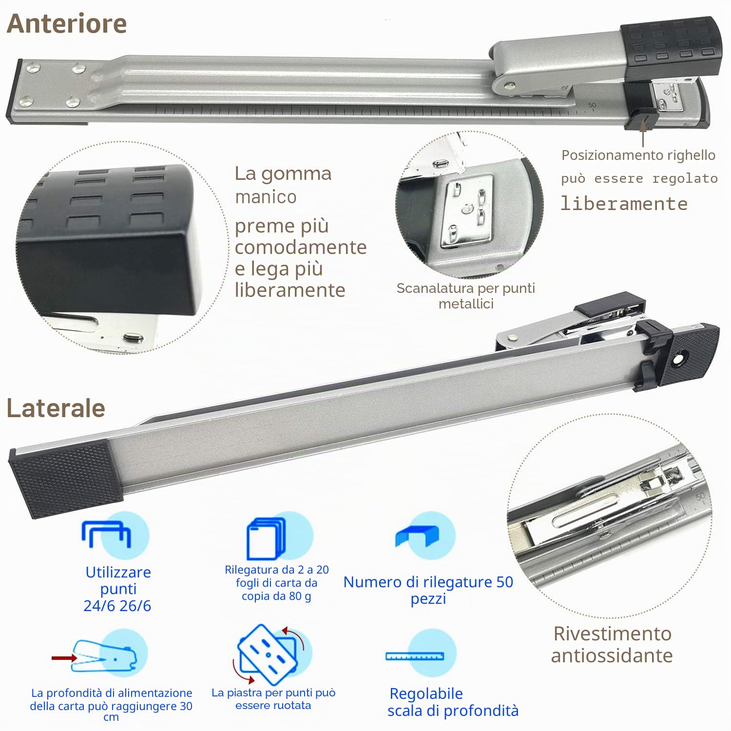 Cucitrice a braccio lungo, Cucitrice a maniche lunghe, spillatrice a braccio lungo, cucitrici, capacità 25 fogli, strumento ideale per rilegare documenti brochure