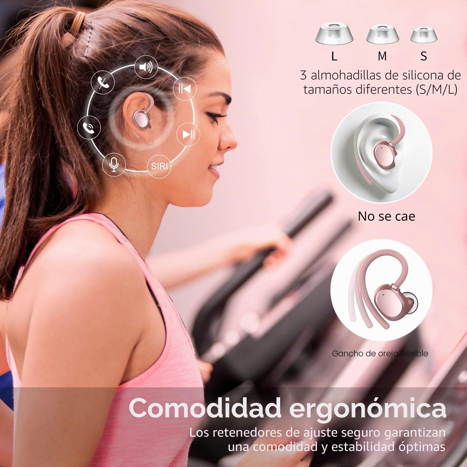 Auriculares Inalambricos Deportivos, Bluetooth 5.3 con HD Mic, 48Hrs de Reproducción,Carga Rápida USB-C, Pantalla LED, IP7 Impermeable con Gancho de la Oreja (Oro Rosa)