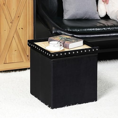 Miniatura 40 de PINPLUS Banco otomano de almacenamiento negro para dormitorio, baúl plegable de terciopelo con bancos, taburete para reposapiés, baúl grande y largo