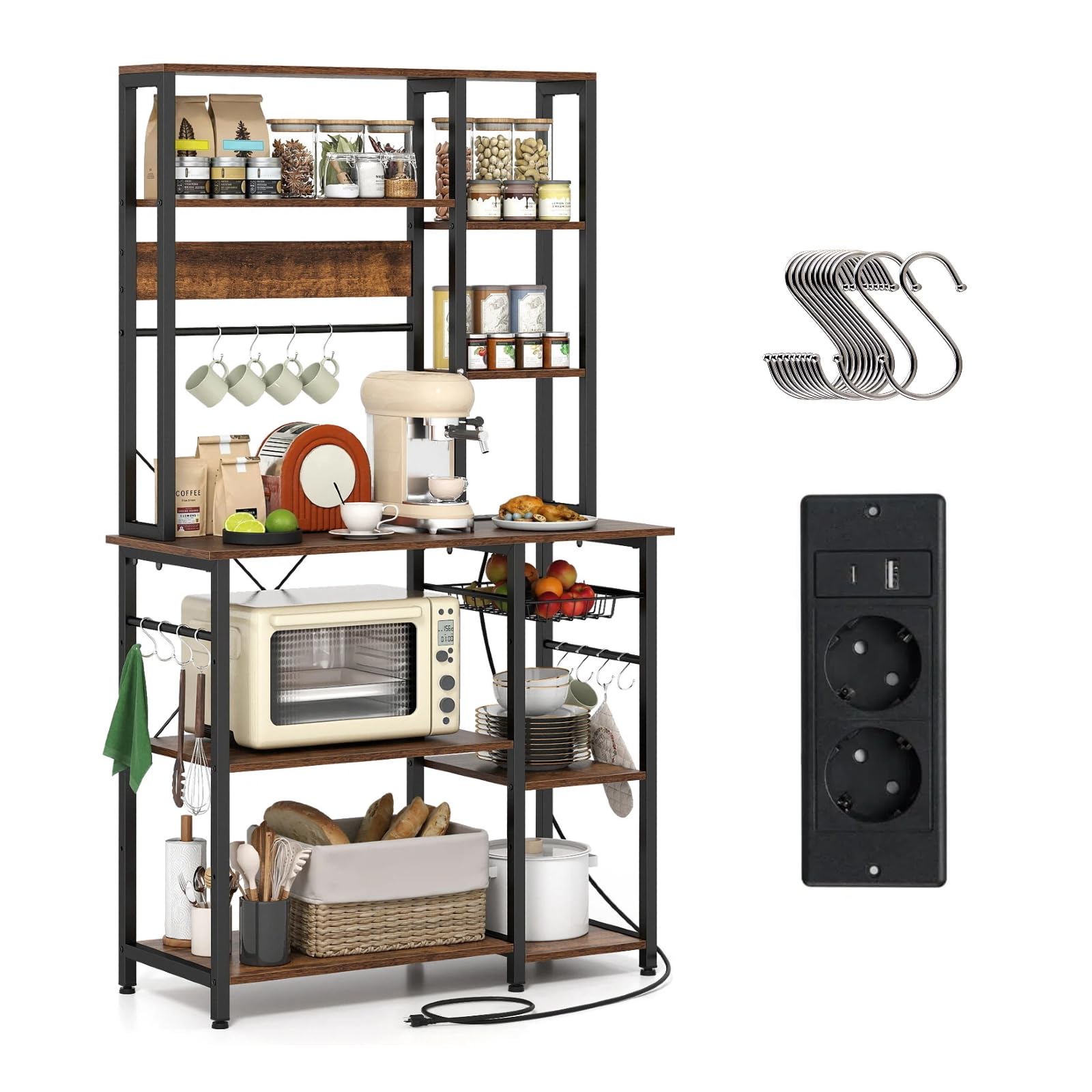KOMFOTTEU Scaffale da Cucina con Stazione di Ricarica, Mobile Dispensa Cucina a 9 Livelli con 12 Ganci, Mensola Microonde Industriale, per Soggiorno, Sala da Pranzo, 99 x 40 x 170 cm