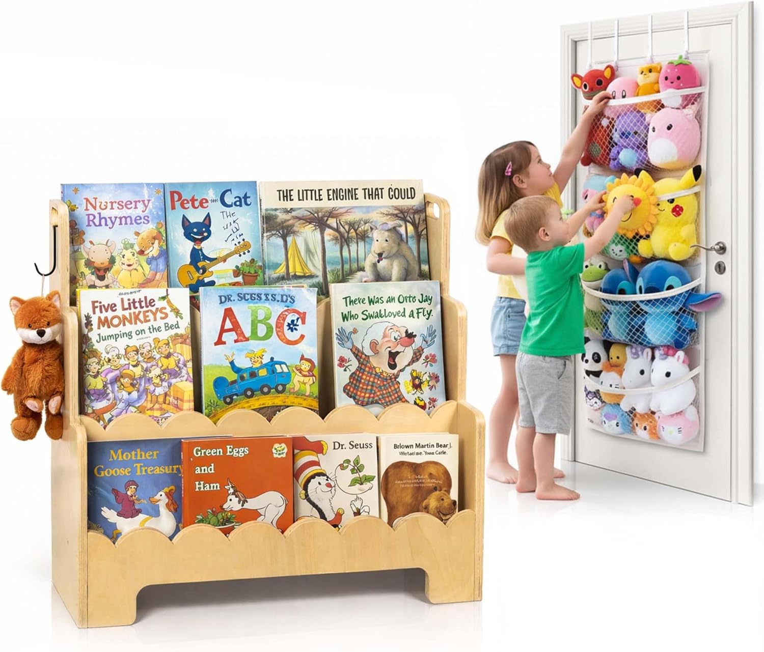 Scalloped Book Shelf Nursery: Kids Wood Bookshelf 3-Tier & Arched Baby Bookcase with Over the Door Stuffed Animal Organizer - Perfect for Nursery, Playroom, or Classroom with Easy Access!